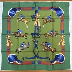 エルメス、カレ90シルクスカーフ、馬柄グリーン　美品
