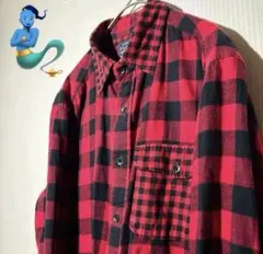 【個性派古着】フランネルシャツ 赤と黒 チェック柄　大小柄　お洒落 M