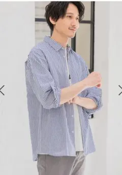 期間限定価格　さらさらリネンイージーケアシャツ　ネイビー　ストライプ