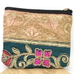 インド　刺繍入りポーチ　ミニポーチ　緑　ピンク　花　小型　アジアン　エスニック
