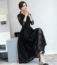 【M】ドレス ブラック ファッション 長袖 かわいい レディース ゆったり