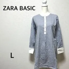 ザラベーシック シャツワンピース　膝丈　チュニック　ボーダー　ノーカラー　春　L