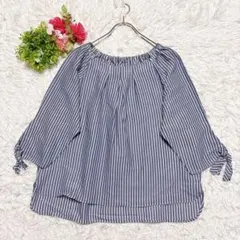 【7-IDconcept】クロップド袖 ブラウス（F）ブルー系 ストライプ