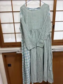サマンサモスモス　水色チェック柄長袖ロングワンピース　裾アシンメトリー　綿麻混