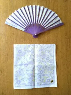 紫色 花柄 扇子とハンカチ セット