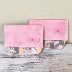 リボン付きパッチワーク移動ポケット 2個セット　ピンク系　ハンドメイド