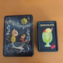 空き缶2個セット　たなかしん リスと猫缶 ネコとリス　メリーチョコレート空き缶