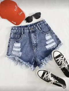 デニム ブルー ダメージ加工 ショートパンツ SHEIN