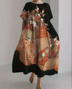 2XL 和風 花柄 半袖 ロングワンピース ゆったり