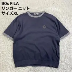 90s OLD FILA フィラ 半袖 ネイビー リンガー ニット サイズ Vのサムネイル