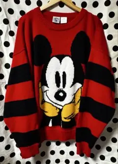 90s ミッキーマウス オーバーサイズ ニットセーター 3X 赤黒