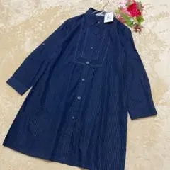 【KUMIKYOKU組曲】ストライプ シャツワンピース ピンタック ネイビー Ｍ