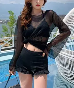 M 水着 セパレート ブラック メッシュ ビキニ ハイウエスト 体型カバー 韓国