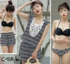 M ブラック パターン柄 ビキニ 4点セット 短パン レディース 水着