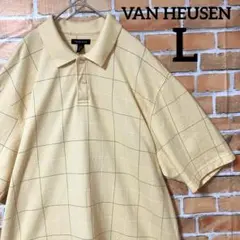 VAN HEUSEN チェック 総柄 半袖 ポロシャツ イエロー コットン L