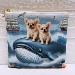 フラットポーチ　ハンドメイド　クジラとチワワＢ　両面パネル生地