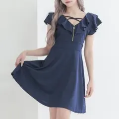 Tika キャバドレス タイトミニドレス バストフロントジップ 袖フリル (M)