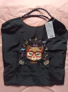 タグ付新品 D.KELLY DJ猫刺繍エコバッグ M雨割中人気デザイン黒