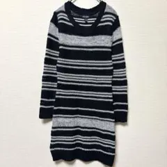ボーダー ニットワンピース【M】白黒 長袖 透かし編み チュニック丈 レディース