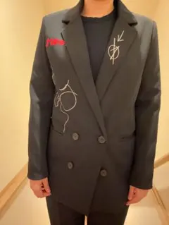 刺繍入り　テーラードジャケット　レディース　ネイビー