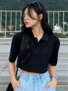 SHEIN ポロシャツ　クロップド丈　ブラック