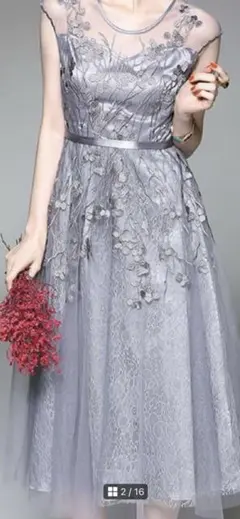 グレーシルバー刺繍チュールドレス　ワンピース結婚式二次会