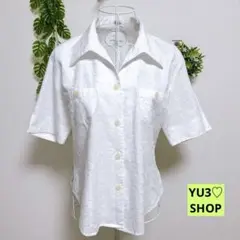半袖シャツ ブラウス シアー 刺繍入りホワイト 襟付き ボタン F