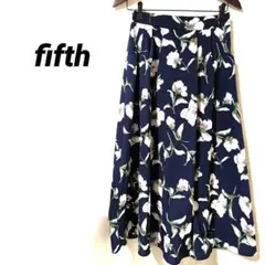 4359K ​フィフス 花柄 ロングフレアスカート Mネイビー 紺 ウエストゴム