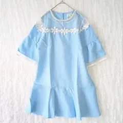 ​リアンシャンイー シアー チュニック ワンピース 花柄 パール 水色 涼しげ