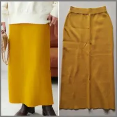 ディスコート　ニットナロースカート　タイトスカート　ロング　スリット　黄　F