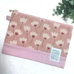 4720✿20cmフラットポーチ✿カードポケット付✿北欧フラワースモーキーピンク
