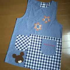 くまの学校 ジャッキーエプロン チェック柄ポケット紺 M～L