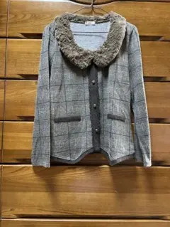 チェック柄ファー襟付きニットカーディガン Mサイズ