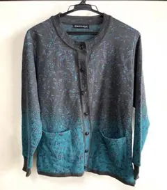 ヴィンテージカーディガン 草花柄 ブラック 黒 エメラルドグリーン 長袖 レトロ