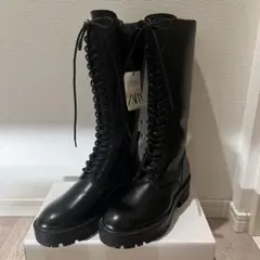 ZARA 37 タグ付き レースアップ ロングレザーブーツ
