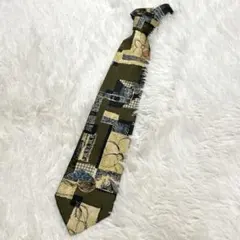ランセル シルクネクタイ 総柄 カーキ系 フランス製 個性的　社会人　入社