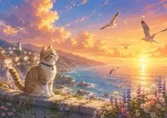 【イラスト】夕暮れの海と子猫 アートポスター