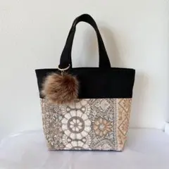 インド刺繍リボントートバッグ　ブラック①