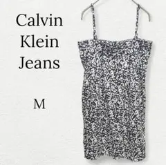 974【カルバンクラインジーンズ】キャミソールチュニック ミニワンピ 総柄 白黒