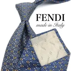 【大特価】FENDI ネクタイ ロゴ 幾何学模様 総柄 青 ブルー 黄 イエロー