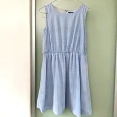 チェック ノースリーブ シフォン ひざ丈ワンピース 春 水色 ライトブルー