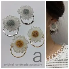 2047-2 2way シルバー☺︎クリアホワイトのフラワーピアス×フープ☺︎