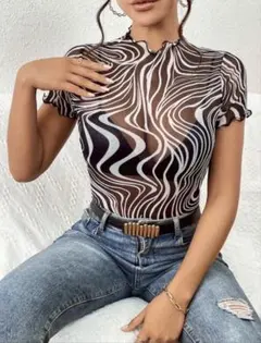 シースルートップス　白黒　オシャレ　お洒落　黒白　ブラック　透け　マーブル　T