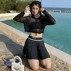 No9722 L シースルー ラッシュガード 4点セット タンキニ フード 水着