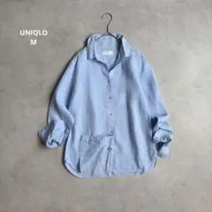 ユニクロ　プレミアムリネンシャツ　長袖　リネン麻100%ブルー　M⚪︎195489のサムネイル