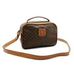 ミニ【CELINE】ショルダーバッグ　マカダム柄　ゴールド金具　ブラウン　PVC