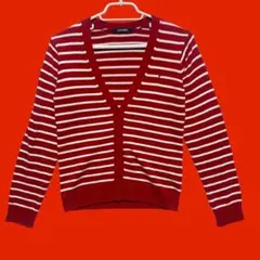 【美品】イーストボーイ　赤ロゴ入りボーダー柄長袖Vネックカーディガン赤×白9 M