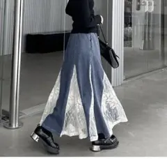 デニム　レース　切り替え　デニム　フレアスカート　パッチワーク