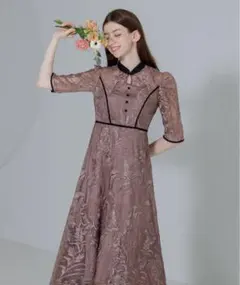 Leja 花柄チュールパフスリーブワンピースドレス　パープル