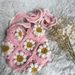 ピンクグラニーバッグ 花モチーフ ハンドメイド かぎ編み ハンドメイド